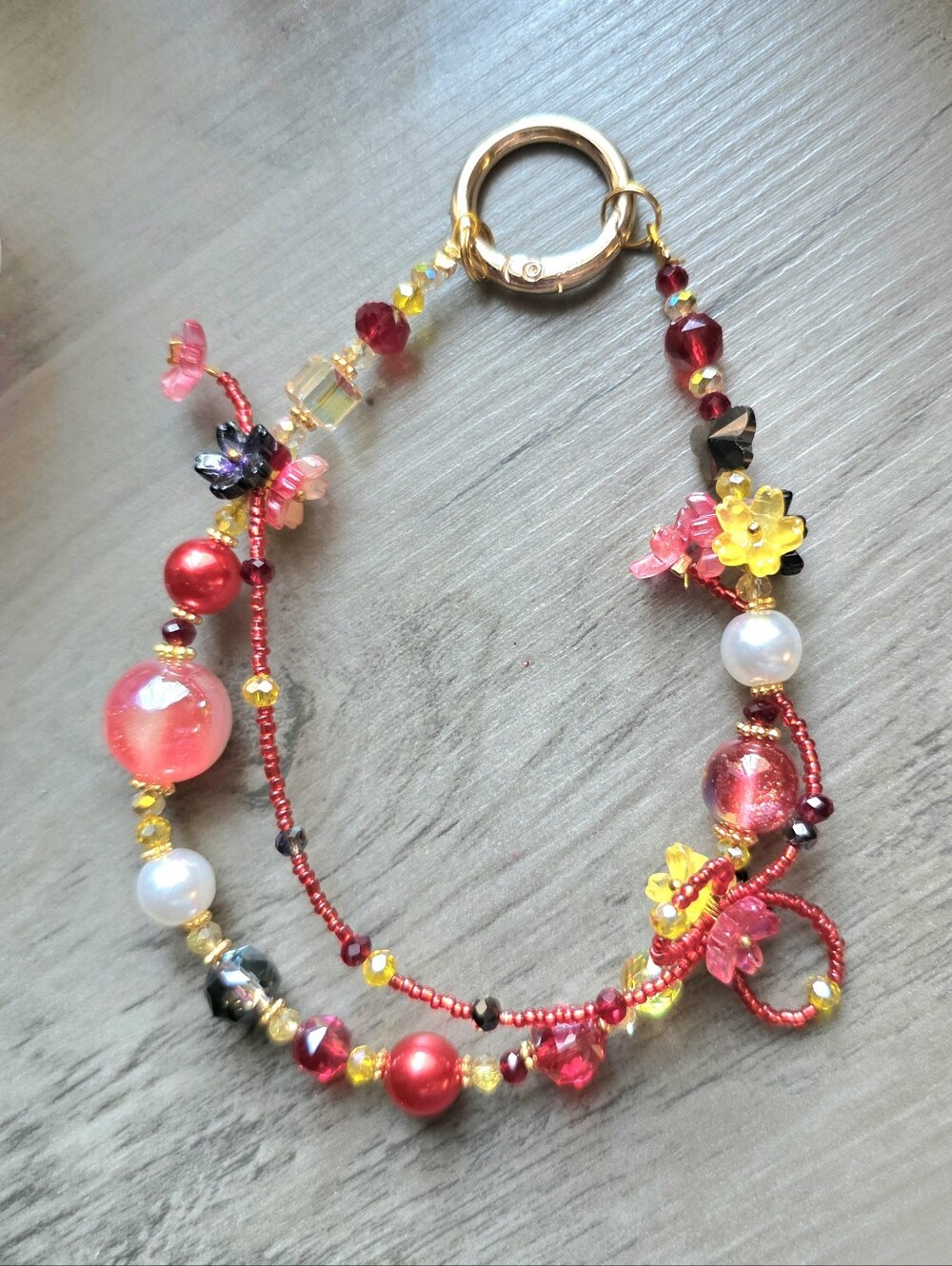 🌹🥀 Handcrafted Red and Yellow Phone Charm or Bag Chain Beaded Wristlet